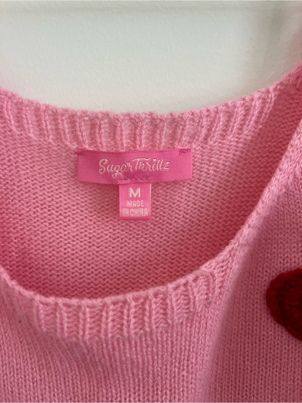 Sugar Thrillz by Dolls Kill pink cropped sweater tank with crochet hearts - Picture 3 of 4